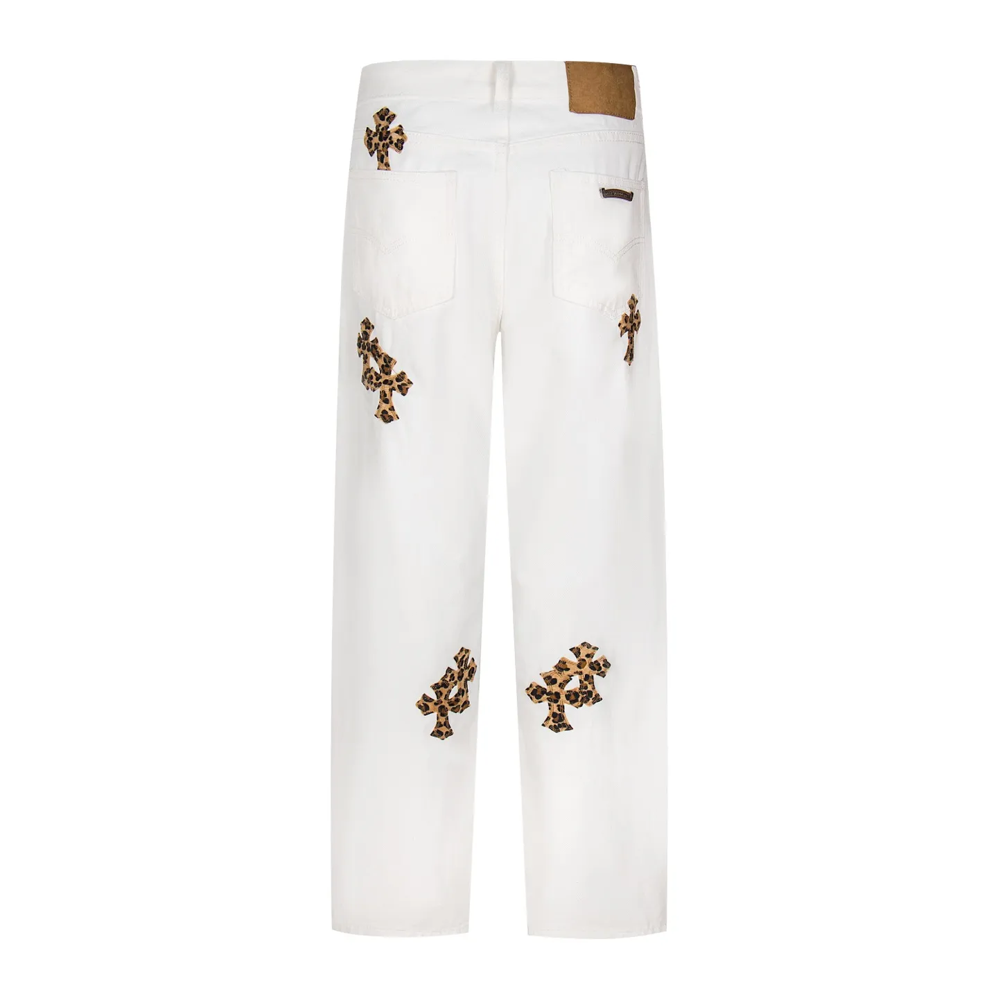 P240 Chrome Hearts & Chrome Hearts high street jeans with leopard print and vintage graffiti paintings on a white background. Chrome Hearts are the most popular pants in color. Made of beaded canvas fabric, heavy washing makes the upper body of the fabric more textured and the pants are tall and straight! The three-dimensional cutting of the whole trousers is a masterpiece! The hardware is customized by zp. The beaded canvas fabric is thick and soft after being washed. It has good breathability. Customized small leather label. Unique design. The details are simple and elegant, and the workmanship is exquisite. The whole trousers are neatly routed and the details are in place! Trendy people have been disappointed. From the quality selection of fabrics, the tailoring of details, and the matching of patterns, everything is impeccable! The upper body is so handsome when worn...it can be easily worn by men, women and children! The craftsmanship is made of heavy-duty washed pure cotton denim fabric. After washing, it is soft and thick. It is very stylish when worn on the body. Style number: 1782# Color: white Size: 28 30 32 34 (S-XL)
